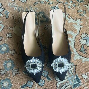 NWOT LaRosa Black Crystal Slingback Pointed Toe Heels
